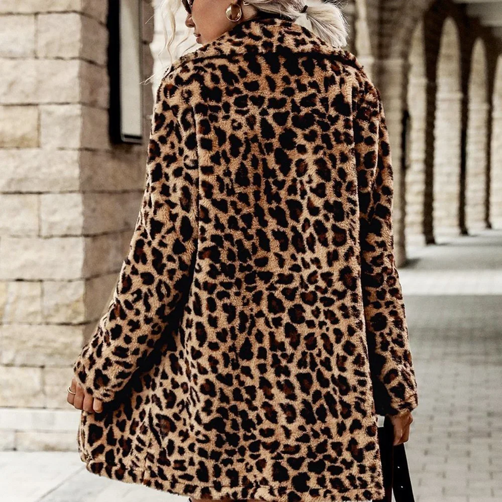 Multicolor Preppy Womens Leopard Print Open Front Fuzzy Coat - Picture 2 of 6